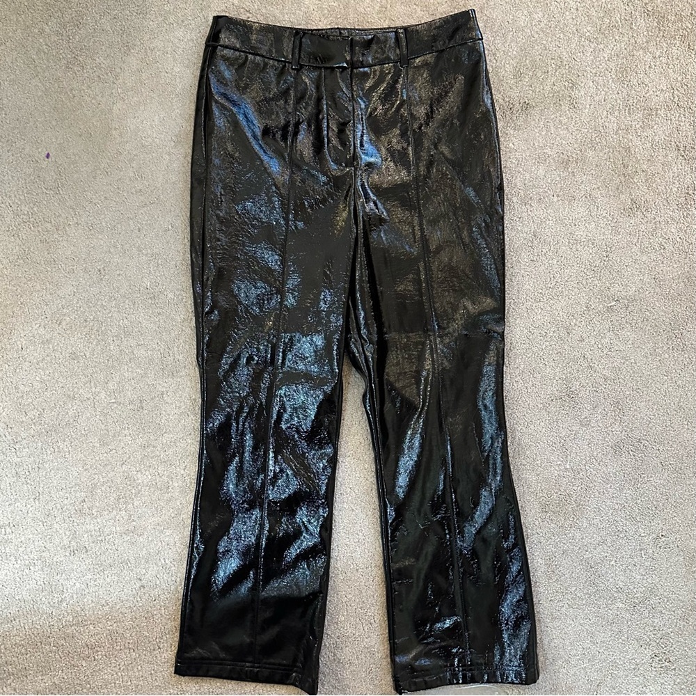 NWT 7 For All Mankind Shiny Faux Leather Wide Crop Leg Flare black pants M